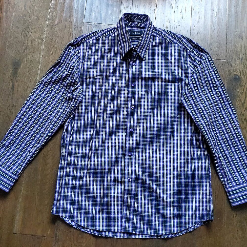 BILL BLASS Men's Preppy Plaid Button Down Shirt Black Purple Yellow Modern Fit